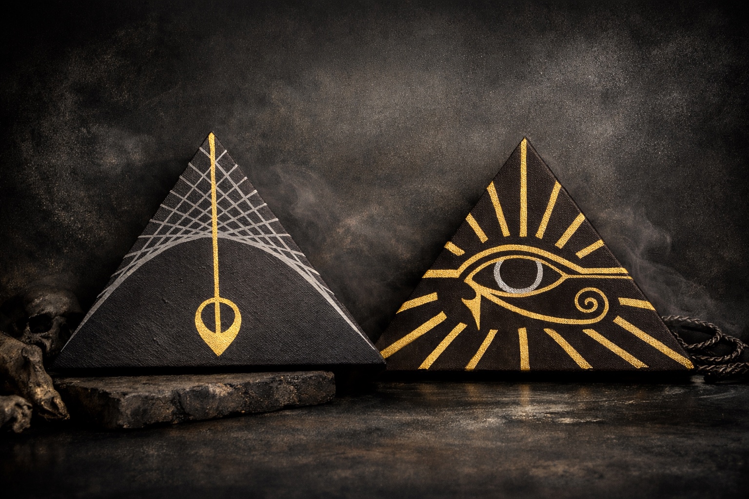 Ad banner: hand painted artwork of two black triangular canvases. One features a simple while geometric line hyperbolic line design with a gold pendulum. The other is a gold eye of Horus with a silver pupil and radiating golden rays of light.
