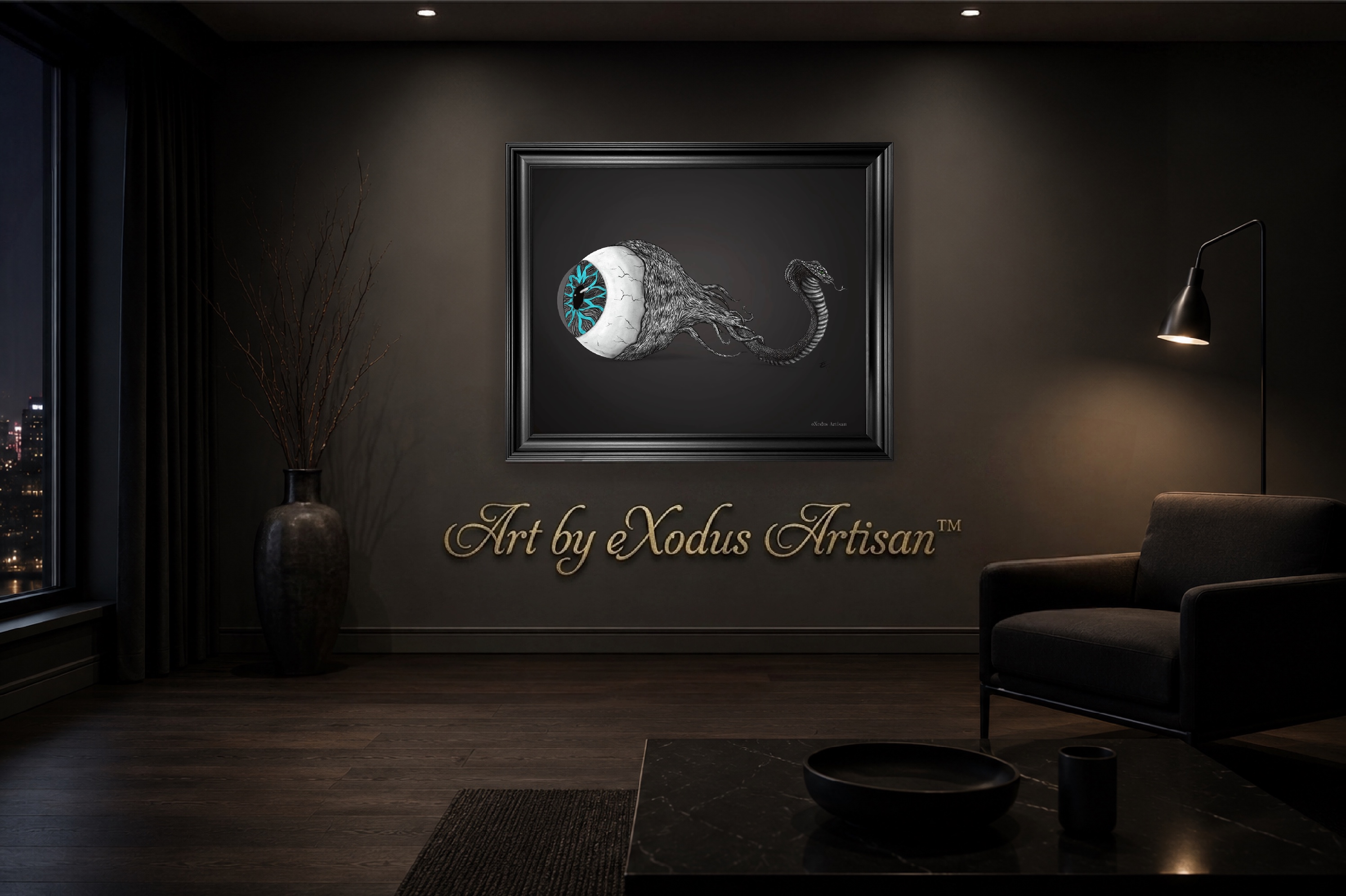 A framed surreal illustration of a blue-irised eyeball transforming into a cobra, hanging in a shadowy, minimalist living room. Gold text on the dark wall below reads Art by eXodus Artisan.